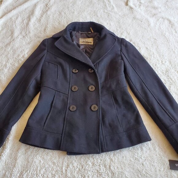 NWT Guess Classic‎ Black Wool Blend Double Button Down Pea Coat Jacket Women S - Picture 1 of 10